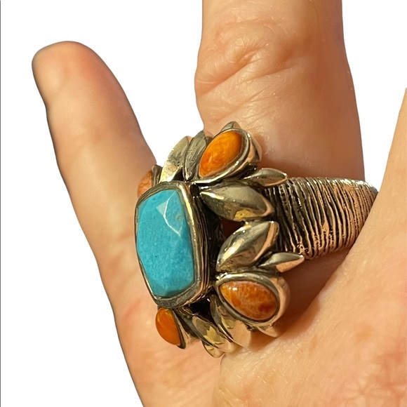 Vintage sterling silver large chunky navajo Turquoise & Spiny Oyster Ring - Picture 4 of 14